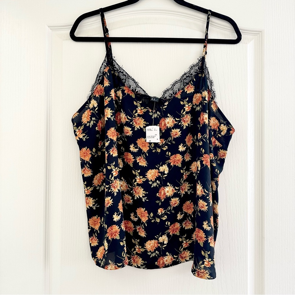 Forever 21 Plus Size Floral Lace Print Cami Tank Top Black 1X /2X